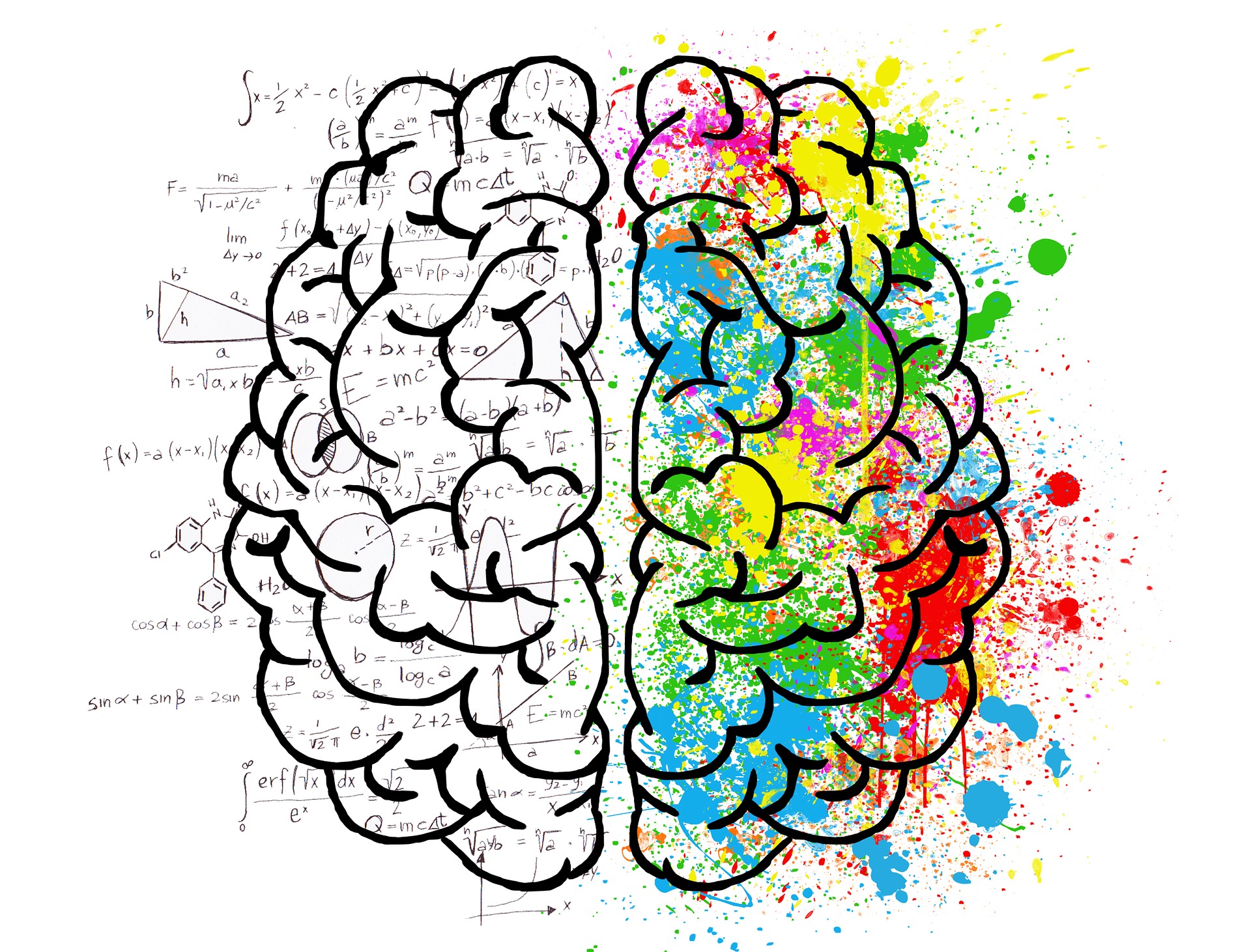Brain clip art that depicts the left hemisphere with math, engineering and science symbols and the right with bright colors